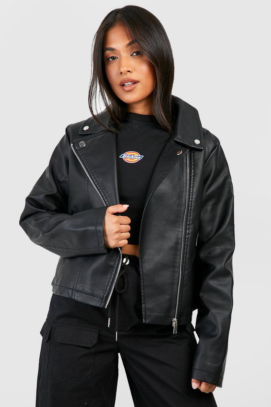 Black Petite Faux Leather Biker Jacket
