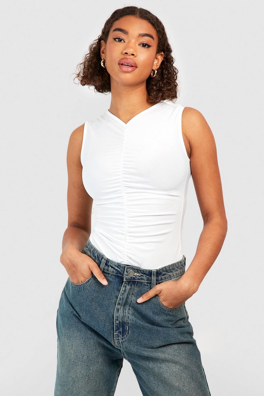 White Tall Premium Soft Touch Ruched Front Sleeveless Top