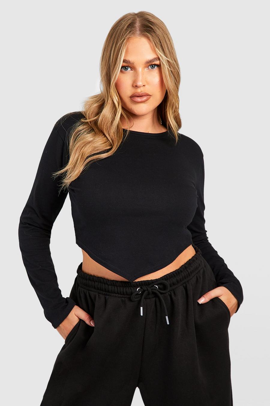 Black Plus Cotton Crew Neck Corset Hem Top