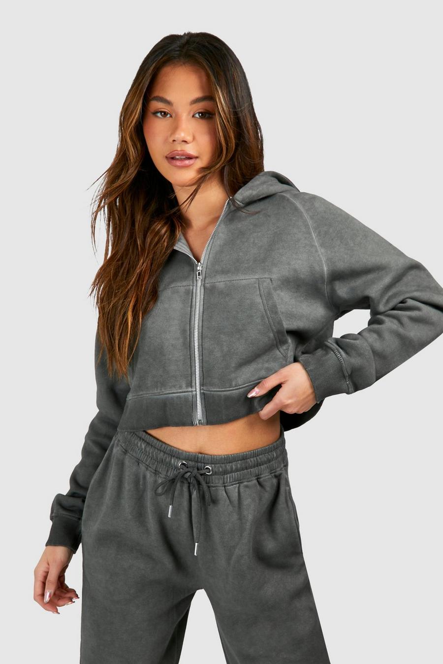 Charcoal Washed Boxy Zip Through Hoodie