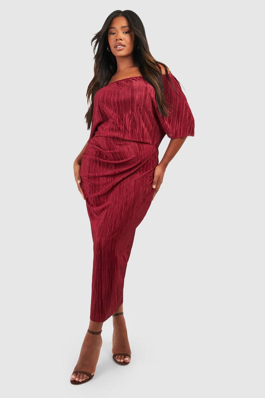 Berry virgin-wool Off The Shoulder Plisse Midi Dress