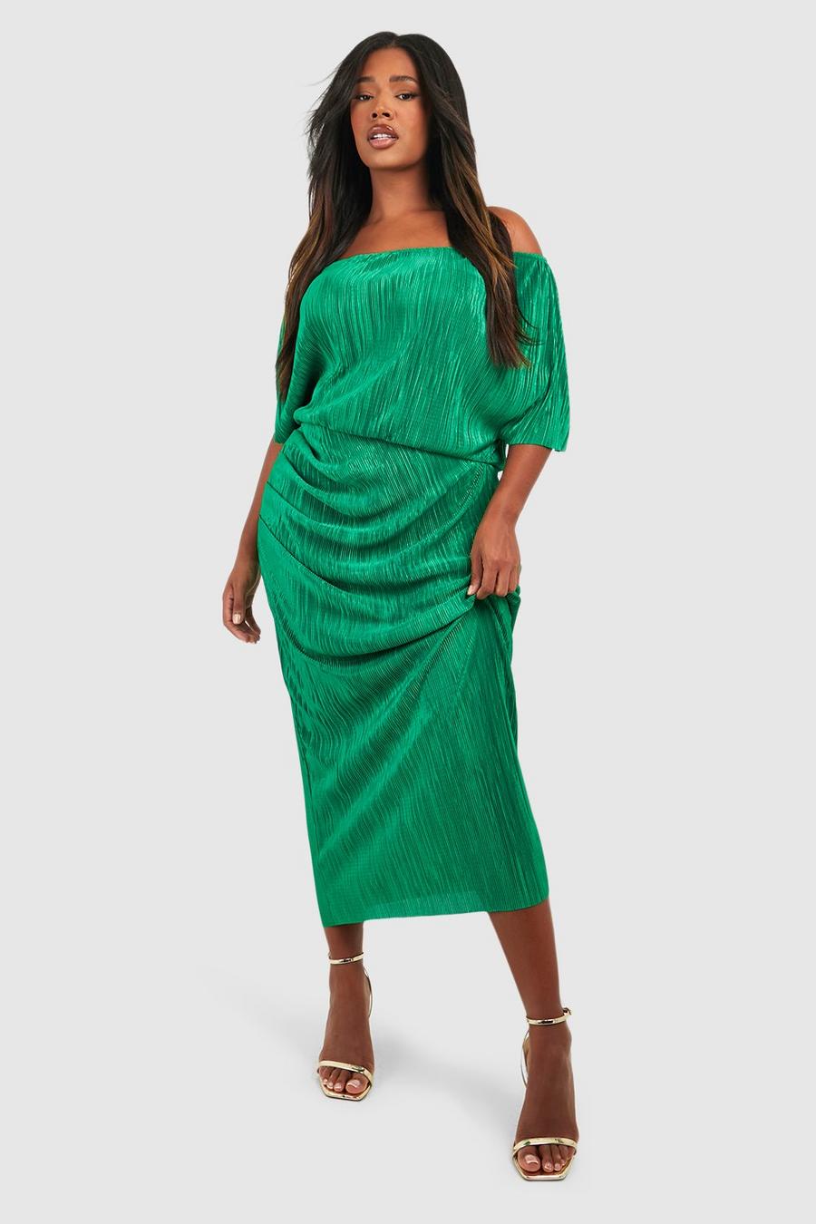 Green Plus Off The Shoulder Plisse Midi Dress