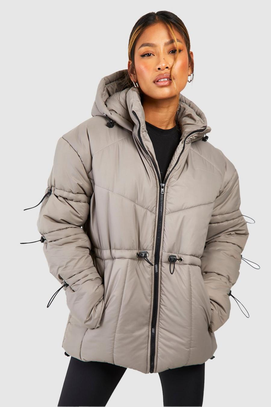 Taupe Toggle Detail Hooded Puffer Jacket