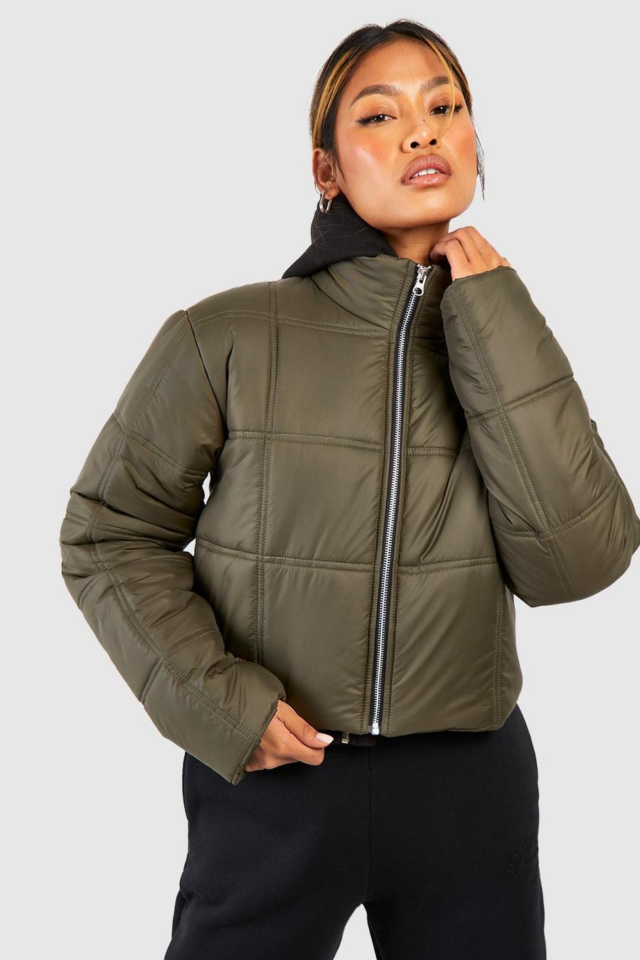 Khaki Square Quilted Crop Puffer Jacket image number 1