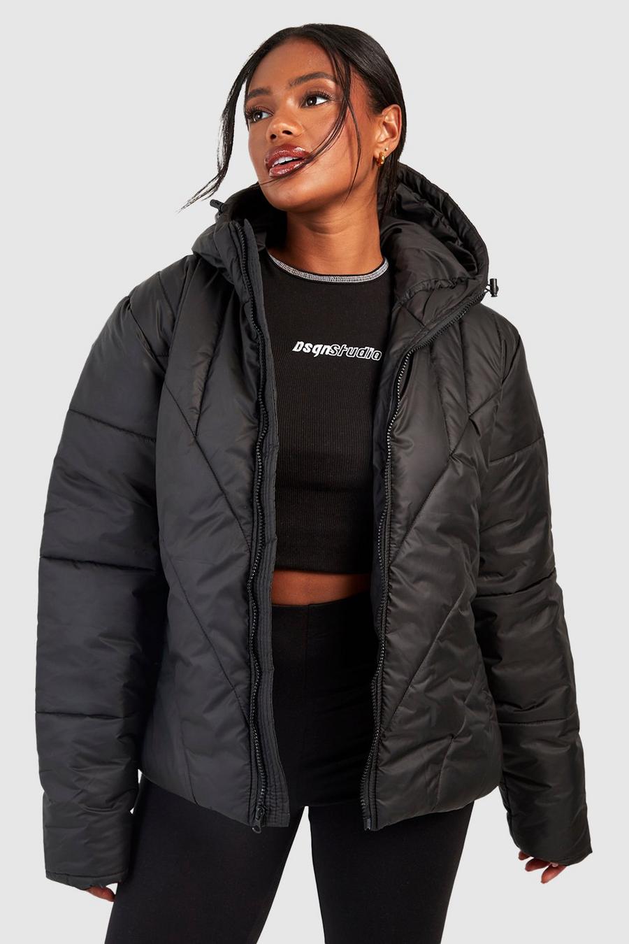 Black Quilted Hooded Puffer Jacket