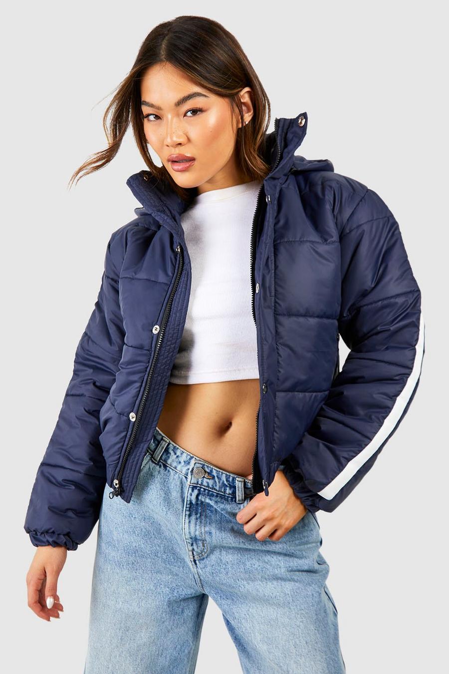 Navy Hooded Contrast Trim Puffer Jacket