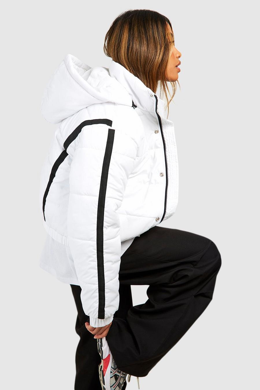 White Hooded Contrast Trim Puffer Jacket