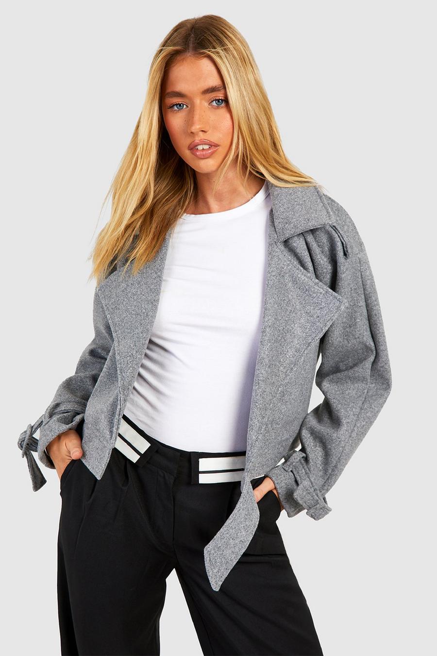 Grey Buckle Detail Wool Look Crop Trench Coat 