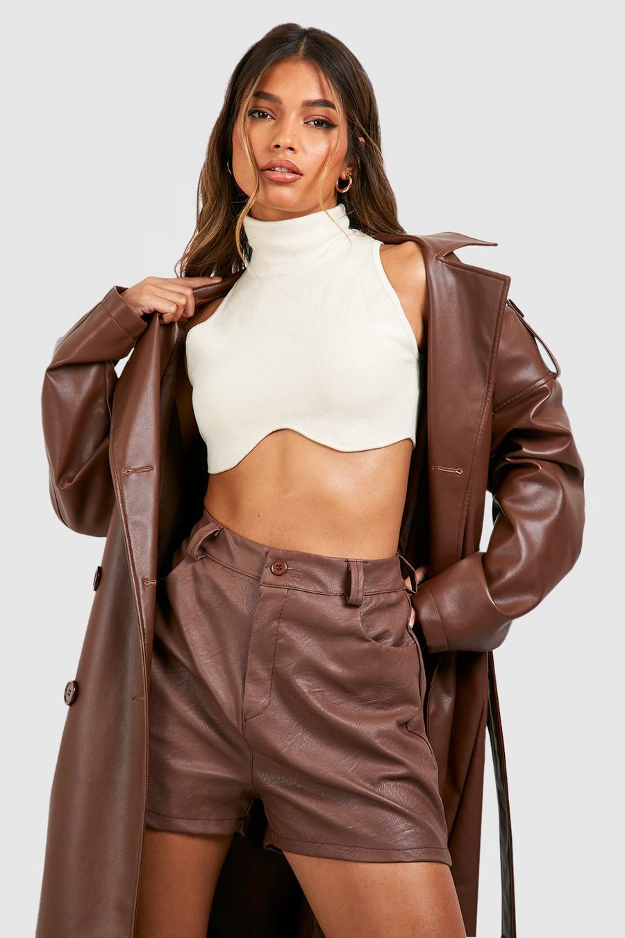 Brown Faux Faux Leather High Waist Shorts