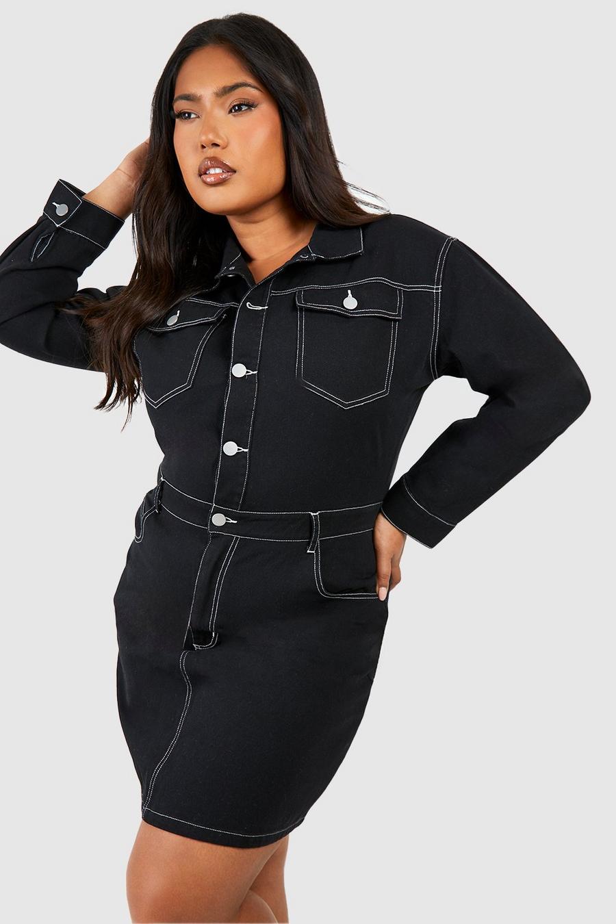 Vestito Plus Size in denim con cuciture a contrasto, Black