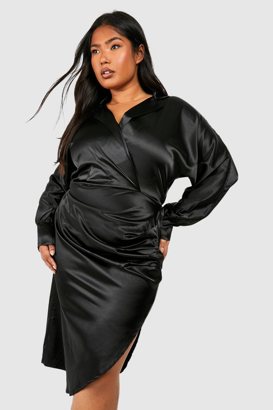 Black Plus Satin Ruched Midi Shirt Dress