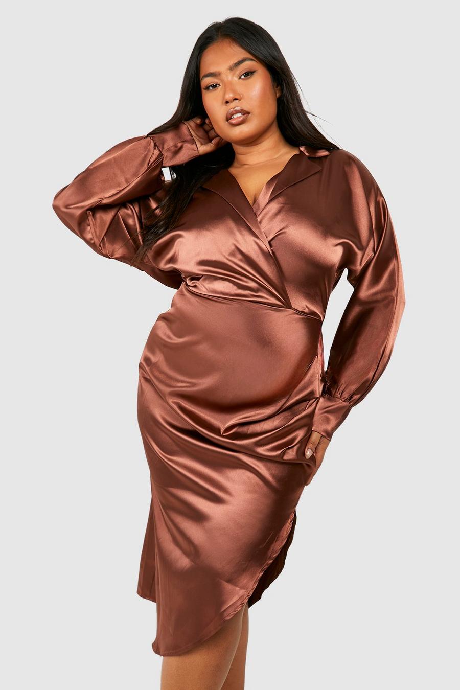 Grande taille - Robe chemise mi-longue satinée froncée, Chocolate