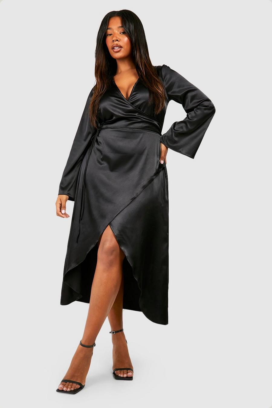 Black Plus Satin Flared Sleeve Wrap Midi Dress