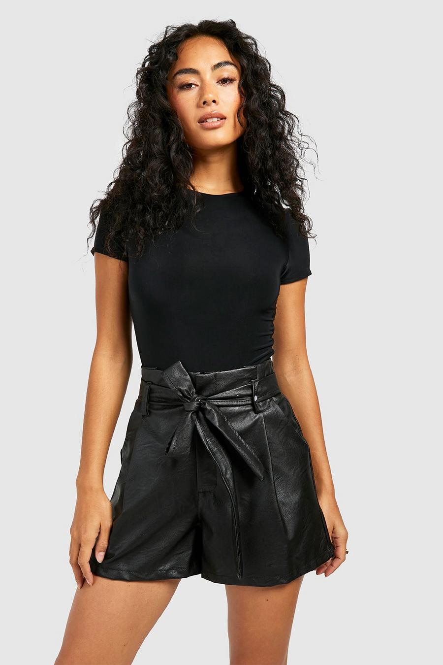 Black Faux Leather Look Paperbag Waist Shorts