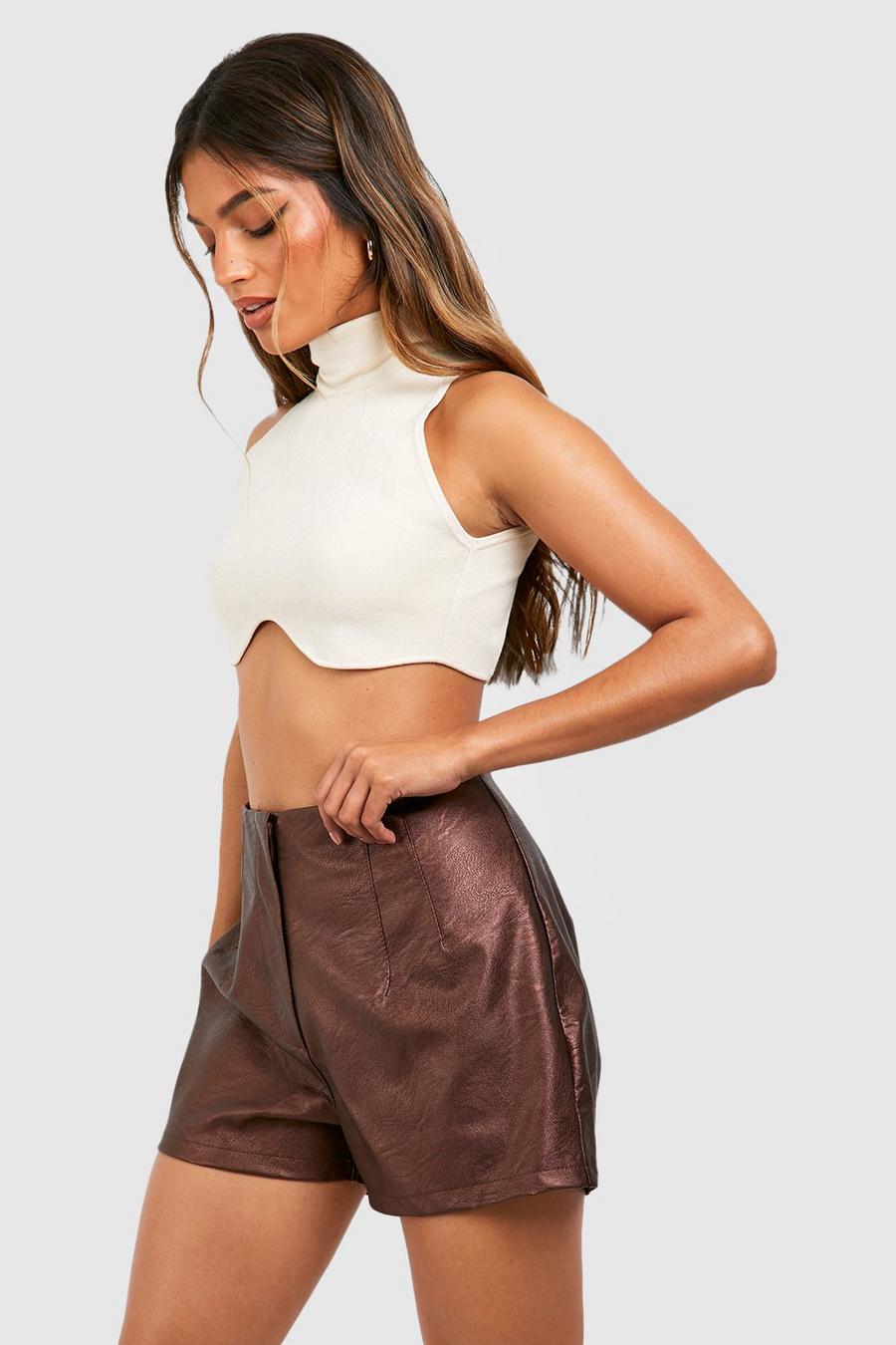 Chocolate Faux Faux Leather Tailored High Waist Shorts image number 1