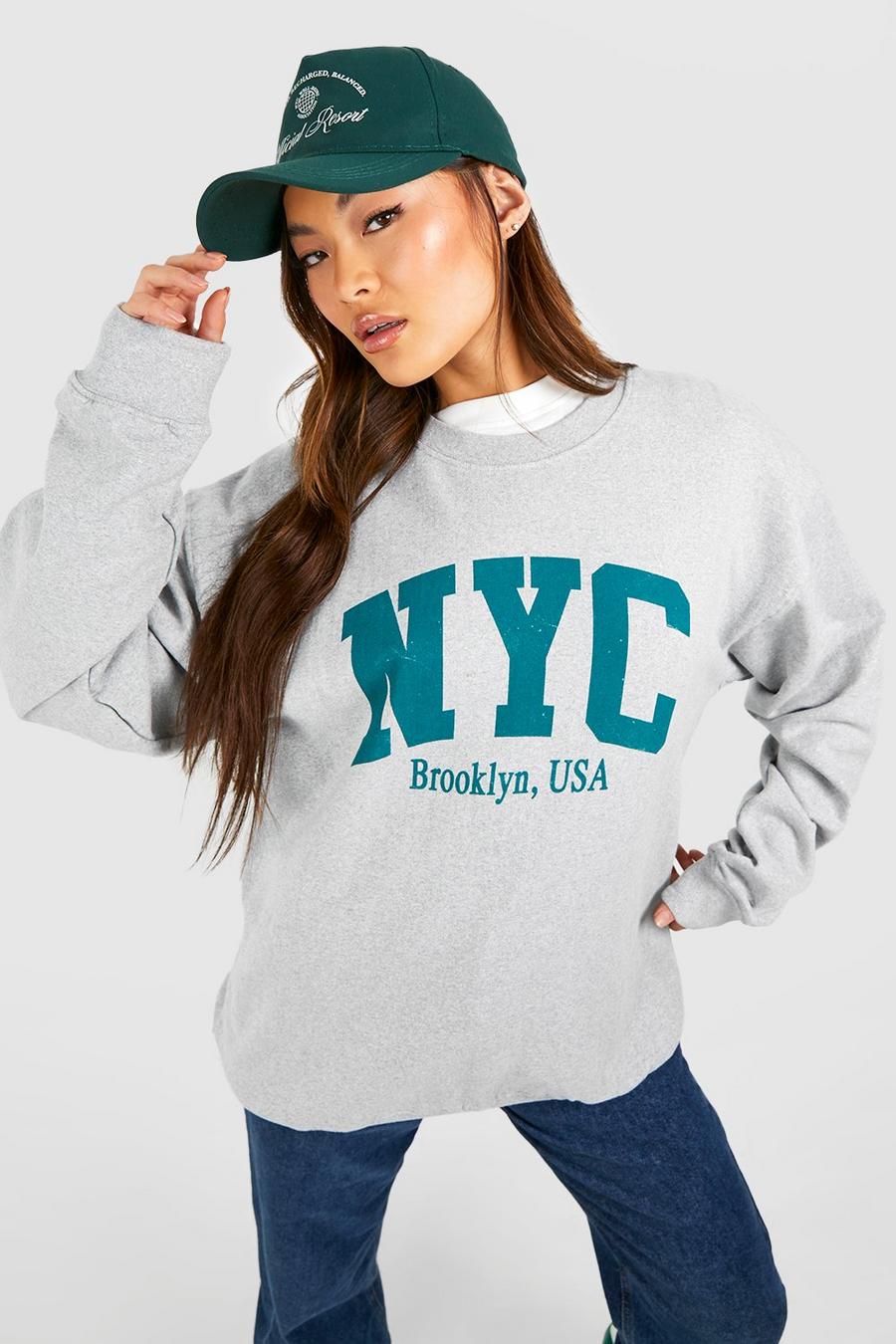 Oversize Sweatshirt mit NYC Slogan-Print, Grey marl