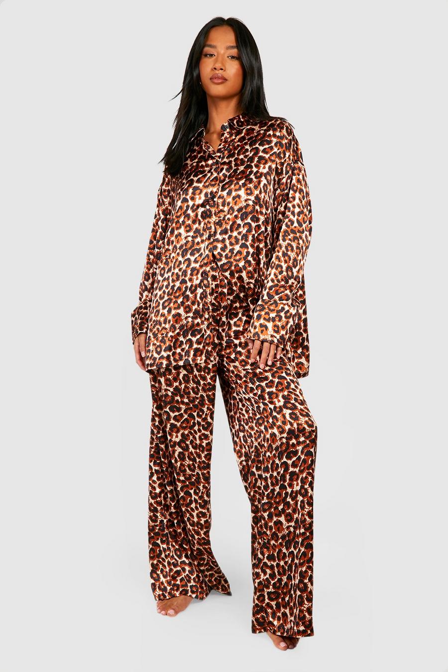 Brown Petite Satin Leopard Pajama Set image number 1