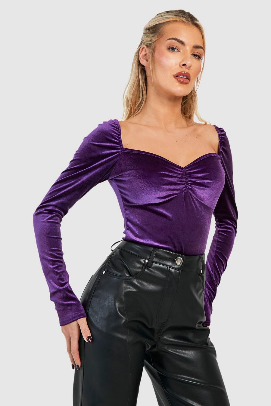 Purple Velvet Sweetheart Neckline Long Sleeve Bodysuit 