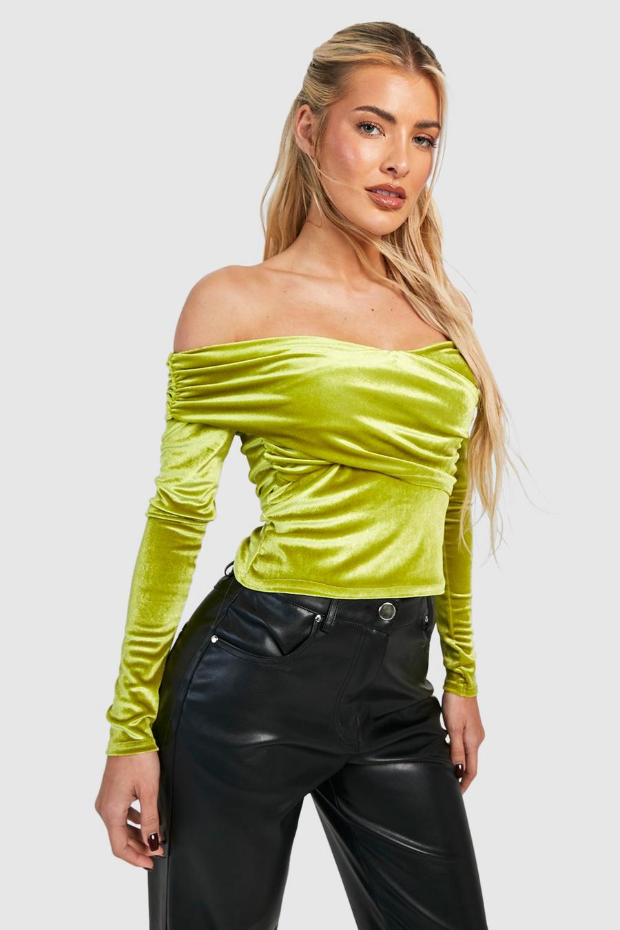 Chartreuse Velvet Ruched Bardot Long Sleeve Top