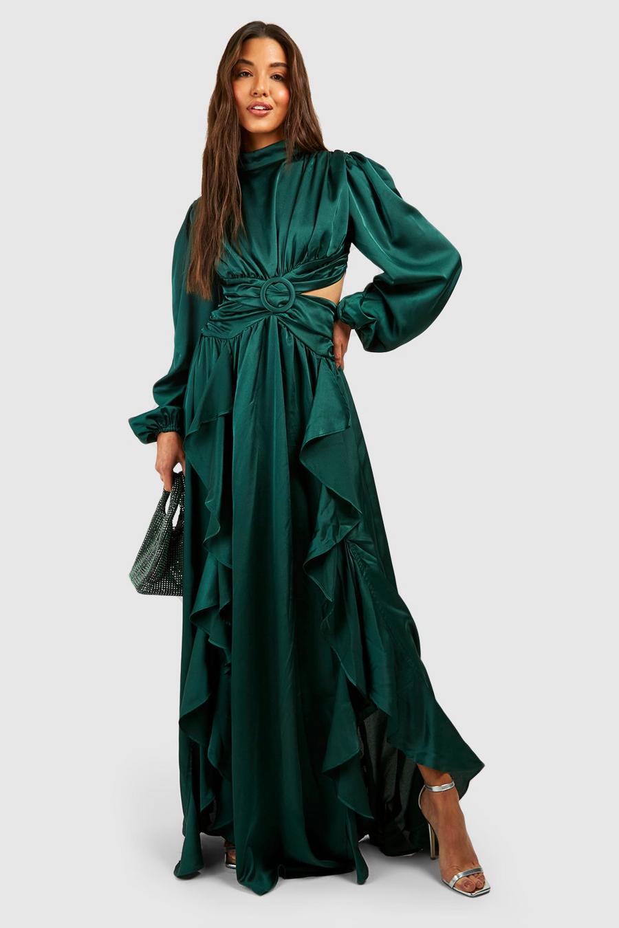 Emerald Satin High Neck Ruffle Maxi Dress