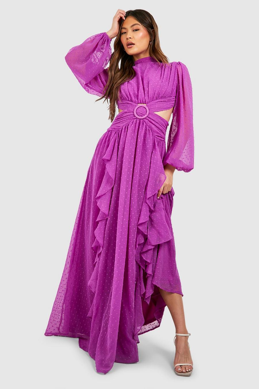 Vestito maxi a collo alto in rete plumetis con arricciature, Purple