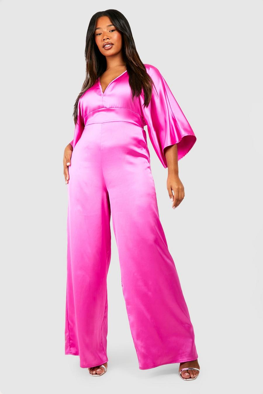 Hot pink Plus Satin Angel Sleeve Jumpsuit 