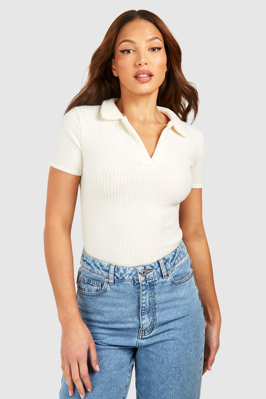 Ivory Tall Soft Knitted Rib Open Collar T-shirt