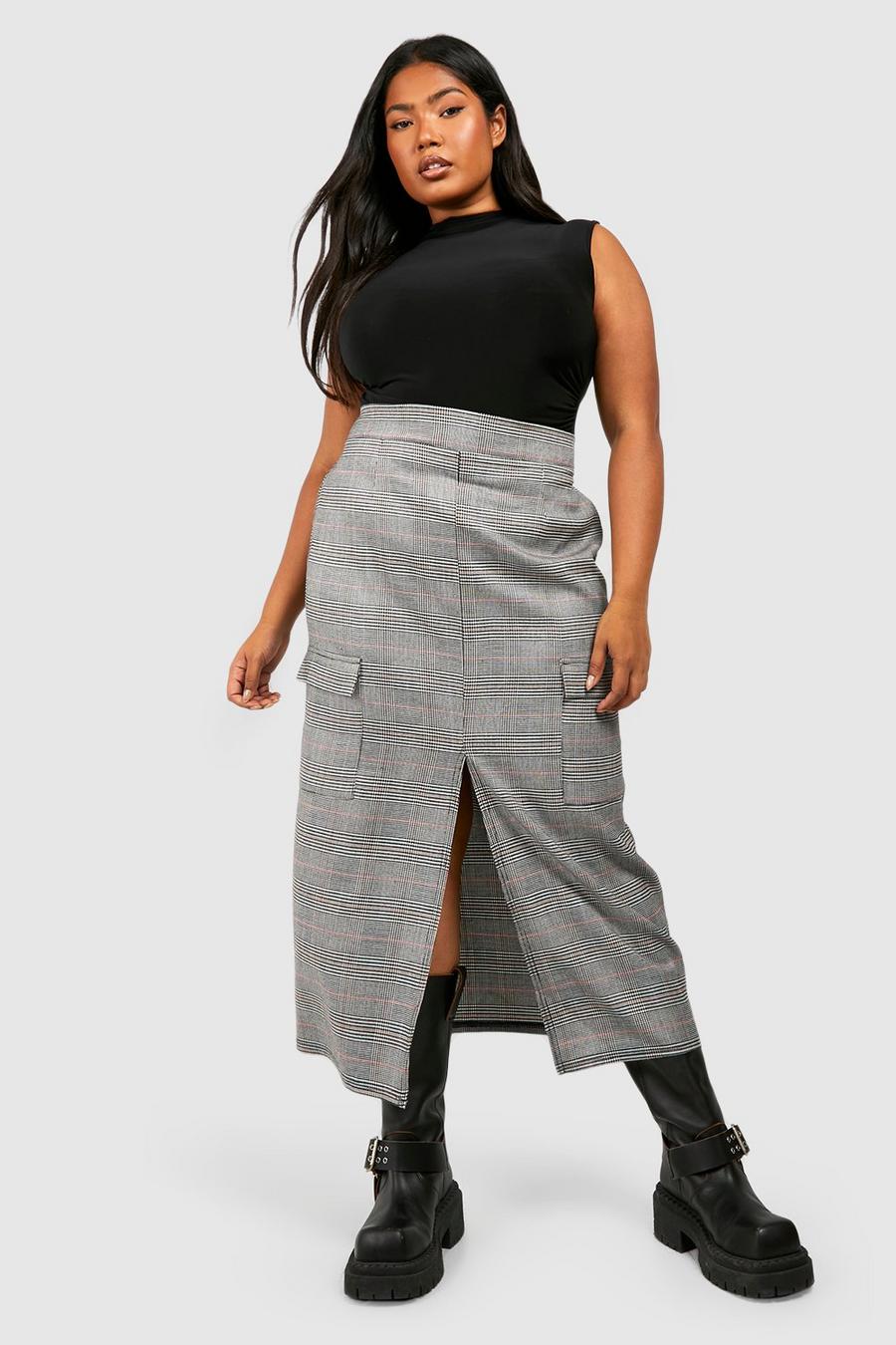 Black Plus Flannel Front Split Midi Skirt