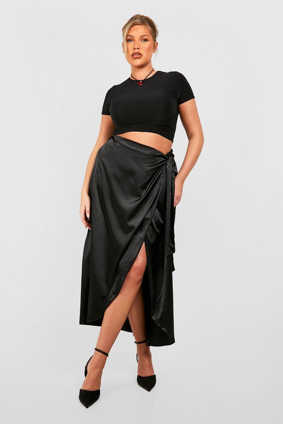 Black Plus Satin Wrap Detail Midaxi Skirt 