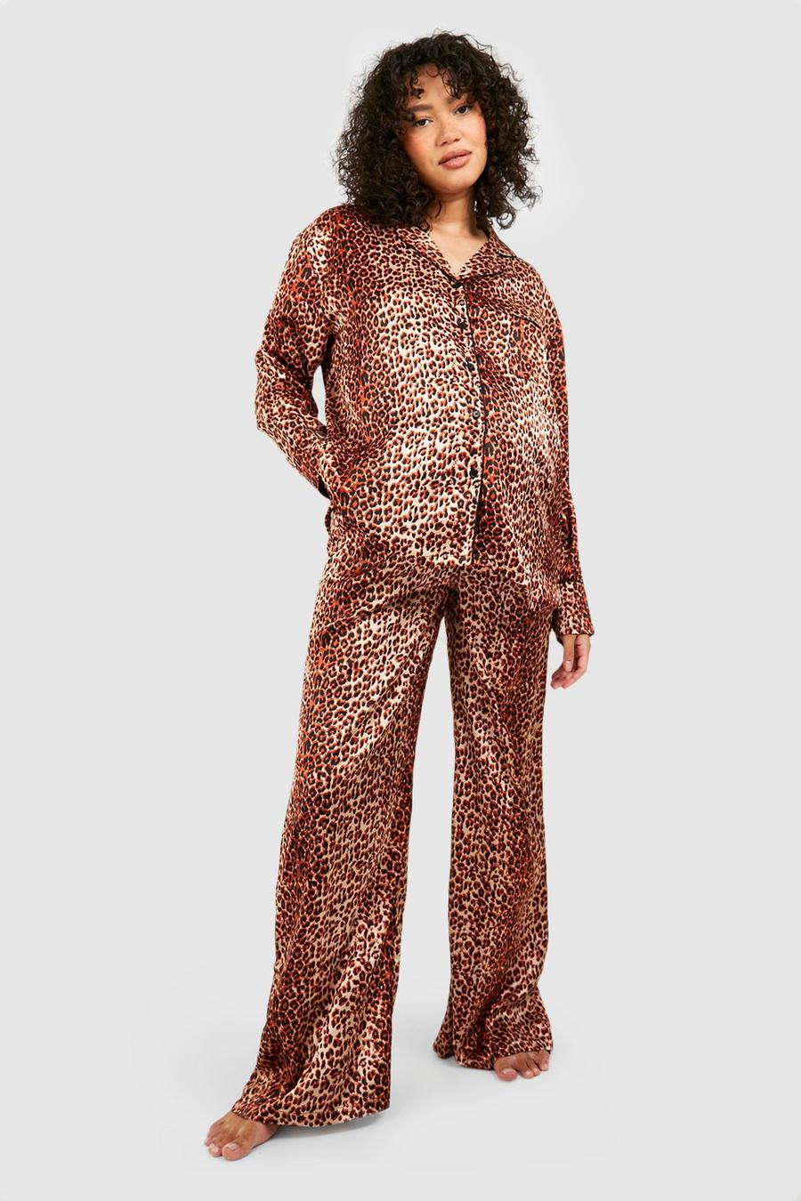 Umstandsmode Oversize Satin Pyjama-Set mit Leopardenprint, Brown