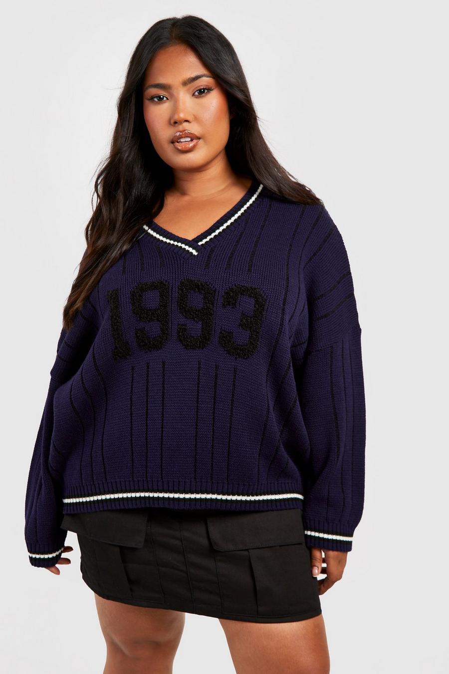 Grande taille - Pull oversize universitaire à col V, Navy