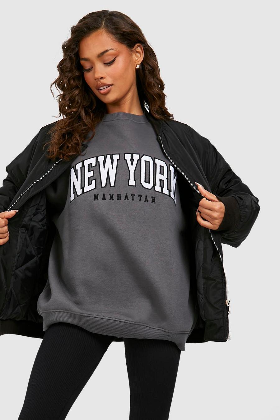 Oversize Sweatshirt mit New York Applikation, Charcoal