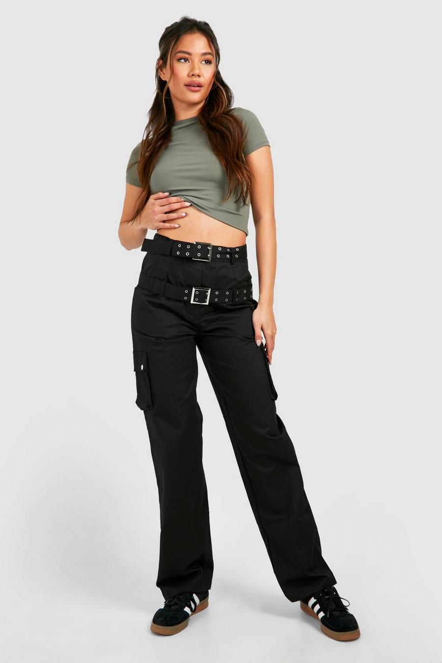 Black Double Belted Straight Fit Cargo Trousers