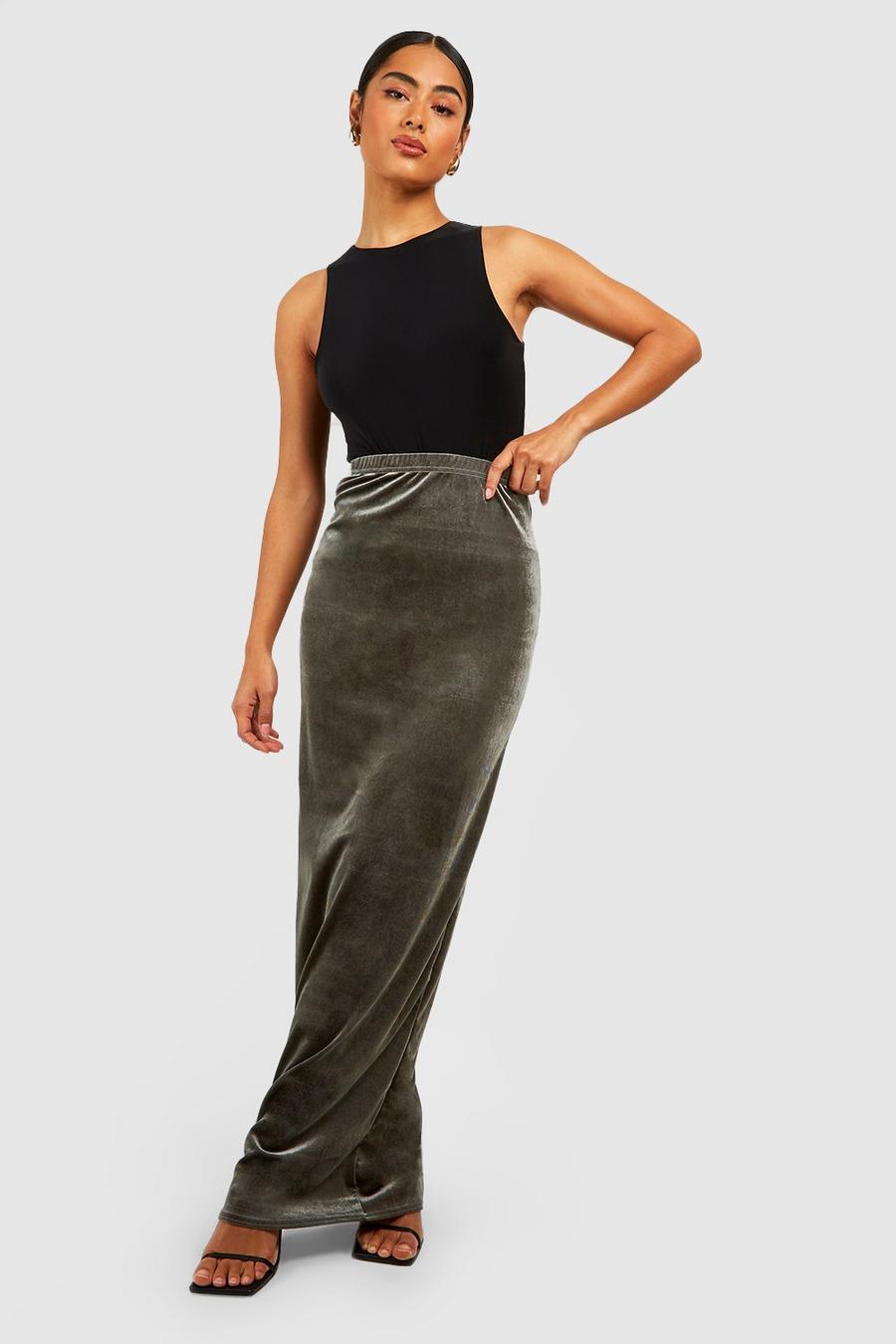 Khaki Velvet Slip Maxi Skirt