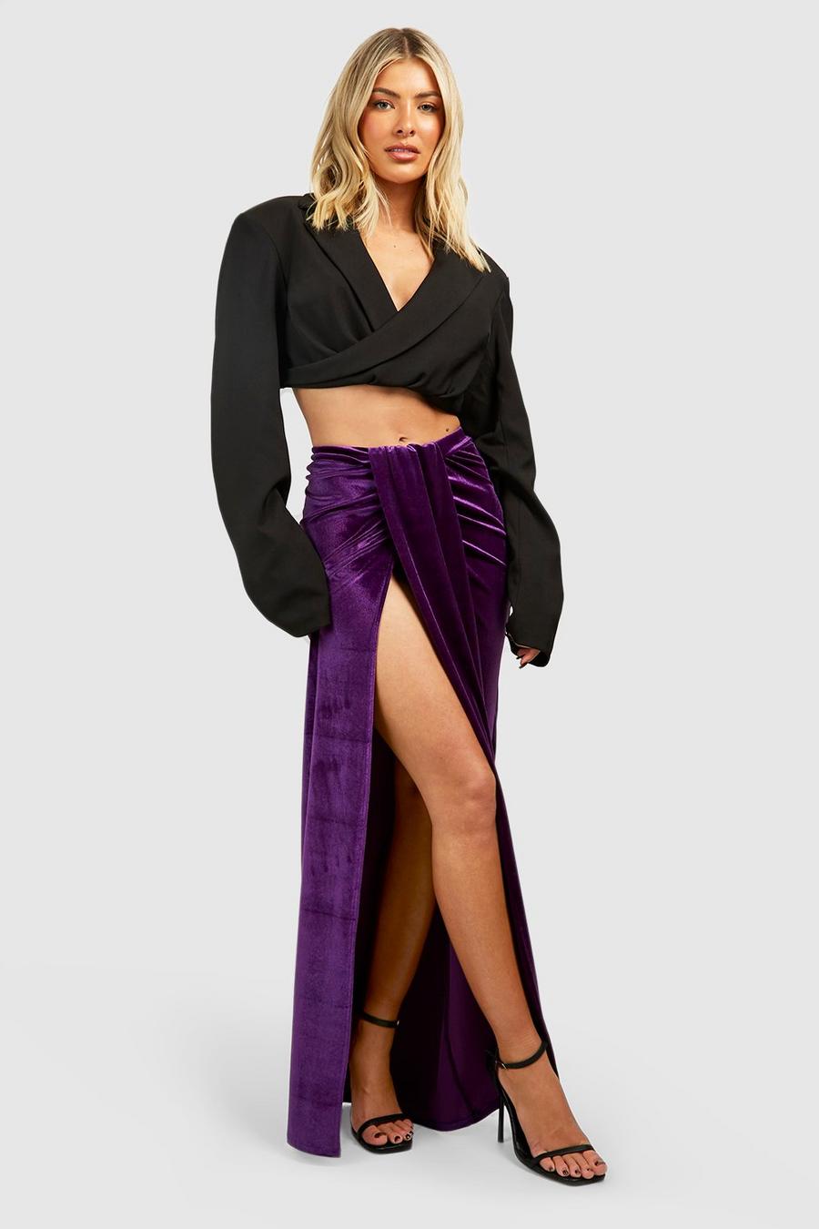Falda maxi de terciopelo drapeado con abertura frontal, Purple
