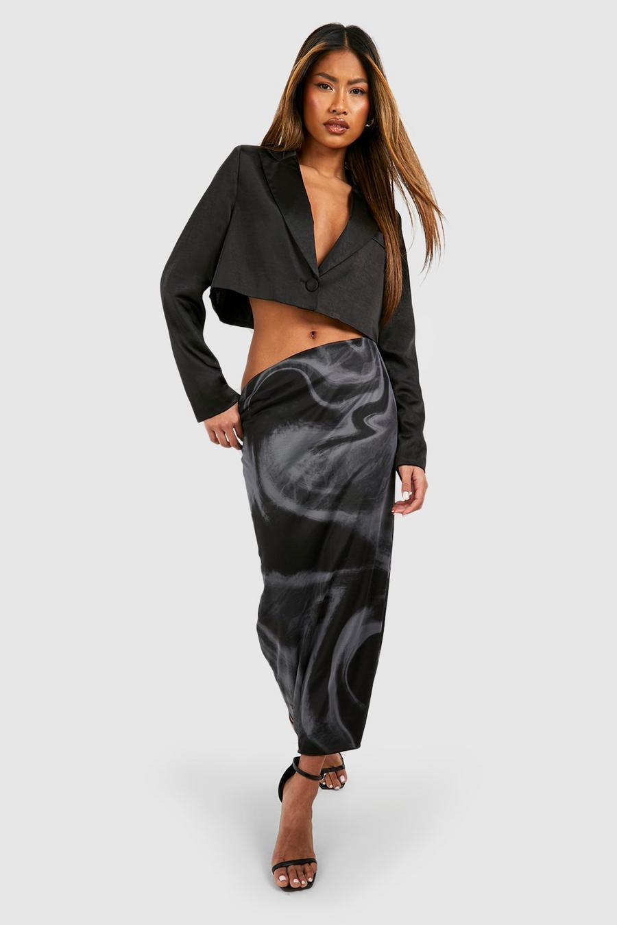 Black Marble Printed Mesh Overlay Midi Skirt image number 1