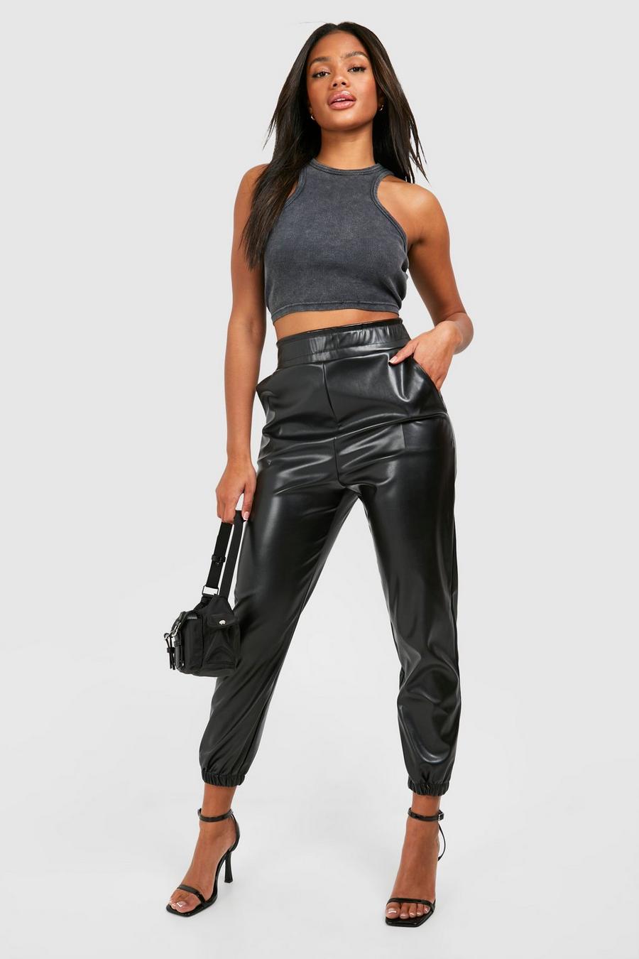 Black Matt Faux Leather High Waisted Joggers image number 1