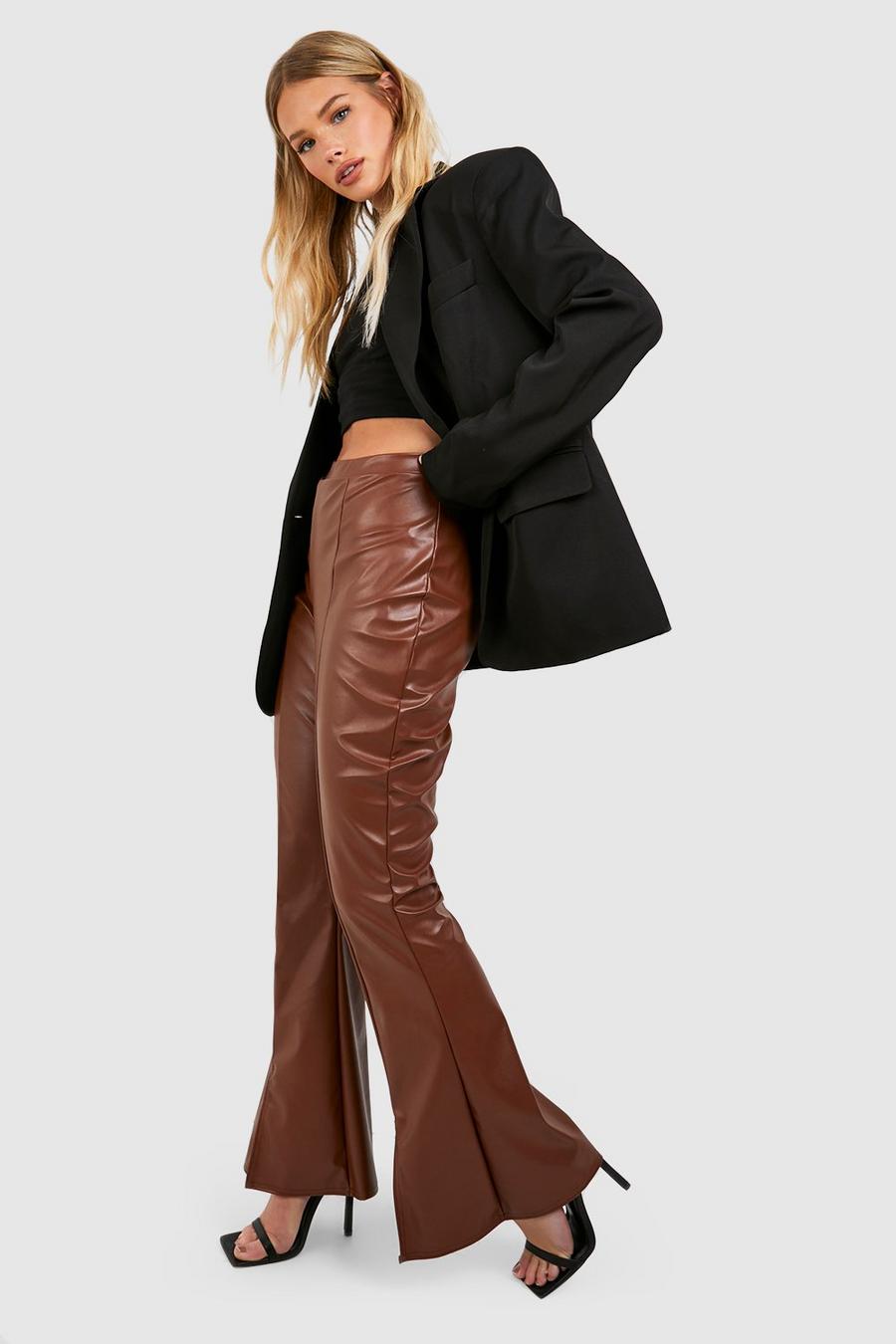 Chocolate Matte Faux Leather High Waisted Split Hem Flared Trousers