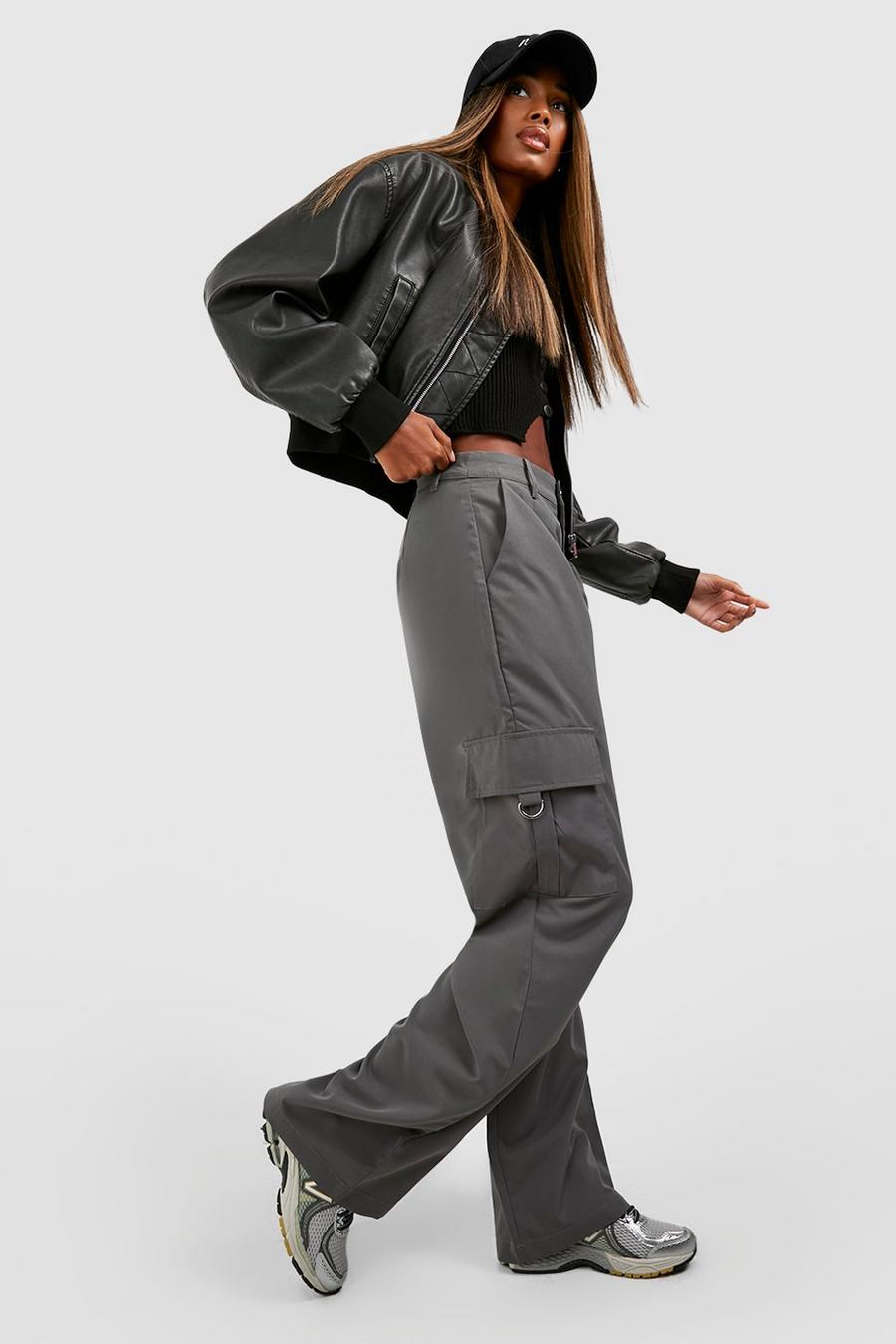 Charcoal D Ring Detail Cargo Wide Leg Trousers