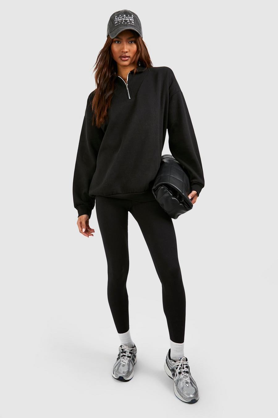 Tall Oversize Sweatshirt mit halbem Reißverschluss & Leggings, Black