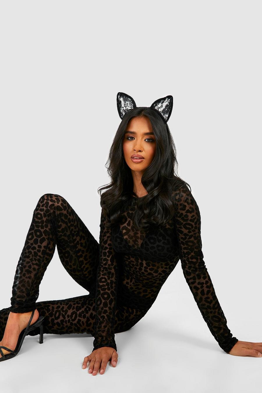 Black Petite Halloween Catsuit i mesh med leopardmönster
