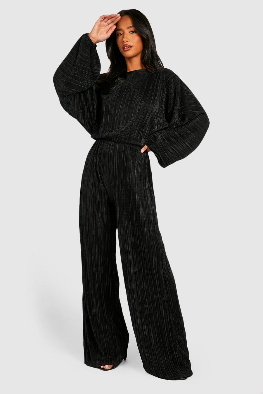 Black Petite Plisserad jumpsuit med fladdermusärm
