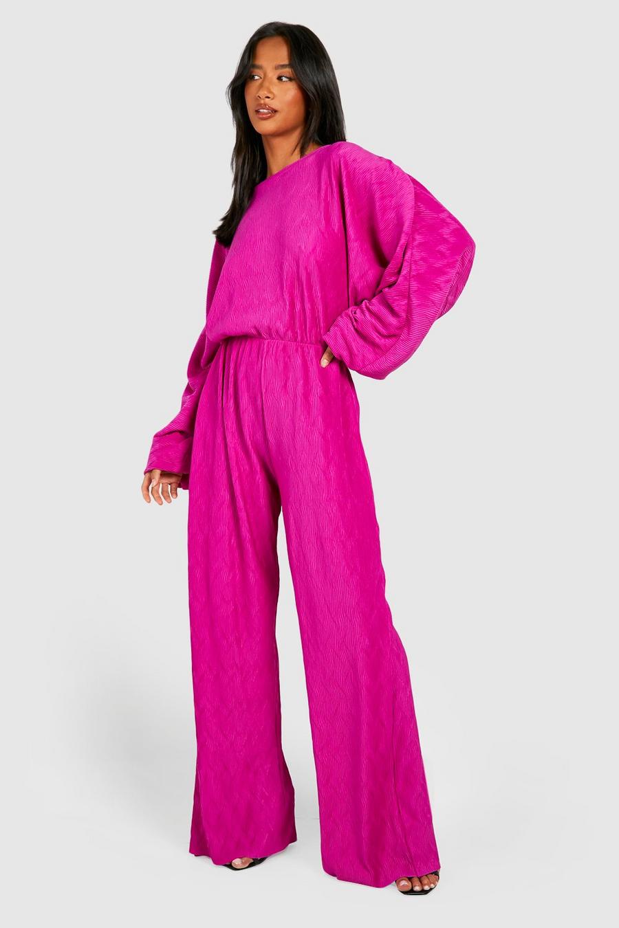 Hot pink Petite Plisse Jumpsuit Met Vleermuismouwen