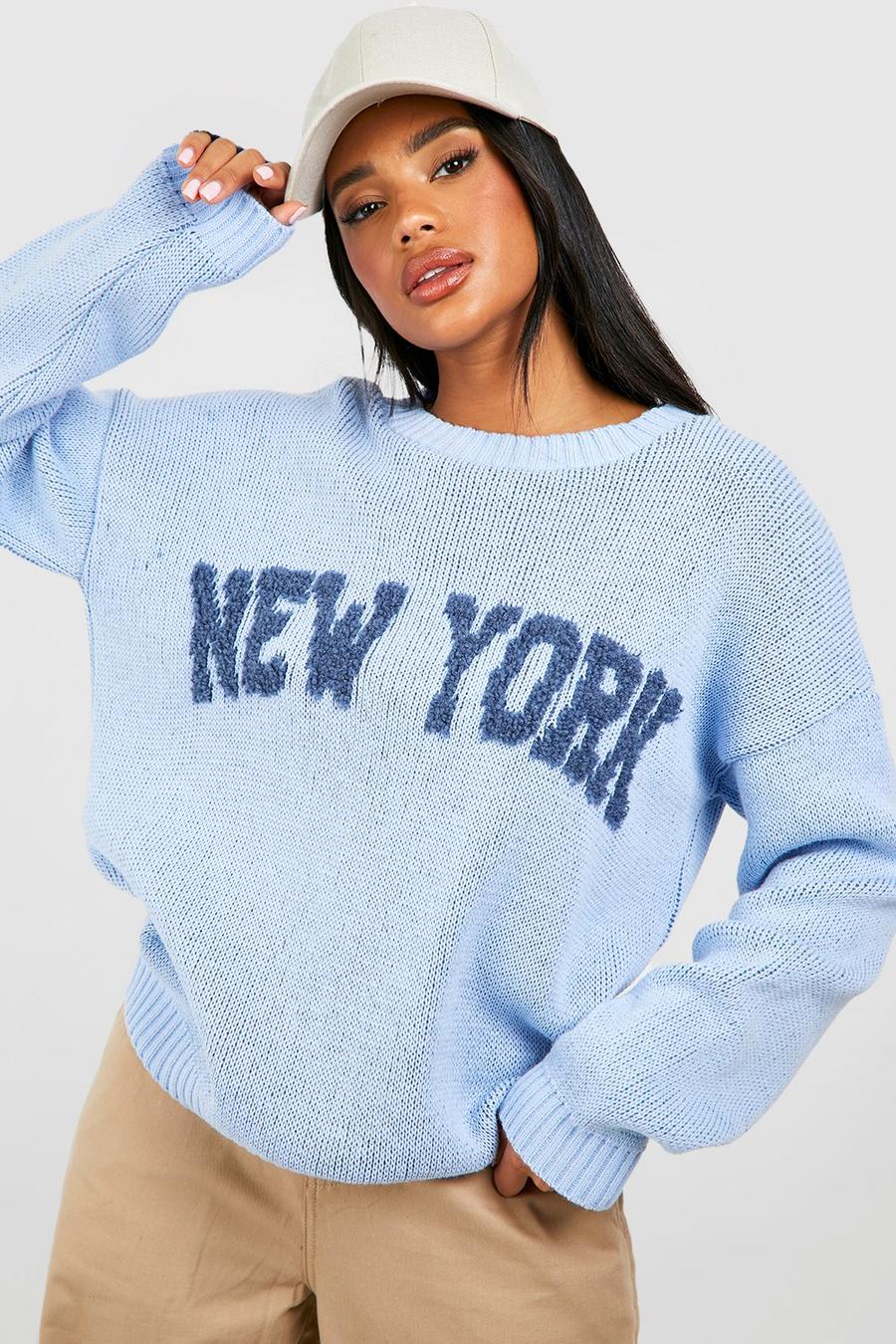 Blue Textured New York Slogan Sweater
