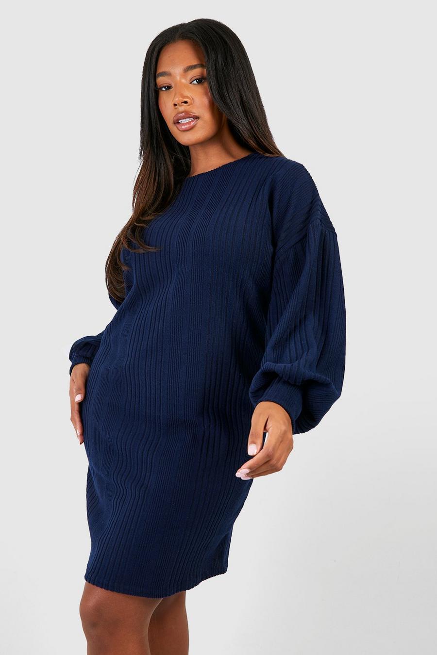 Navy Plus Soft Rib Balloon Sleeve Mini Dress