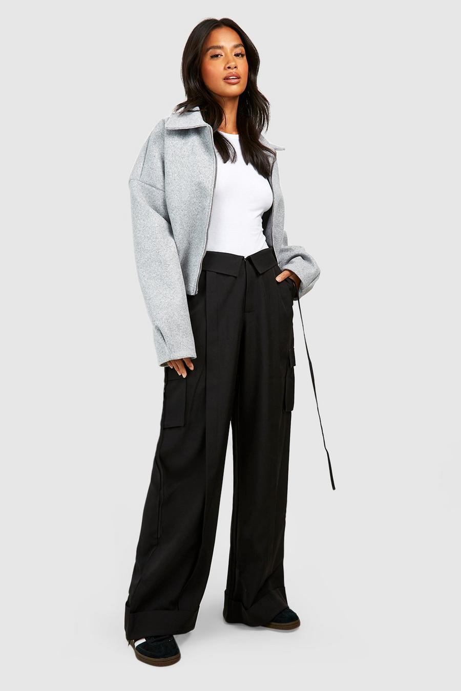 Black Petite Folded Waistband Relaxed Fit Cargo Pants