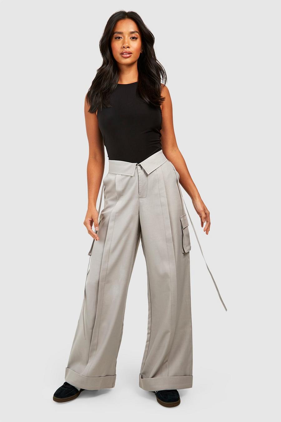 Grey Petite Folded Waistband Relaxed Fit Cargo Trousers