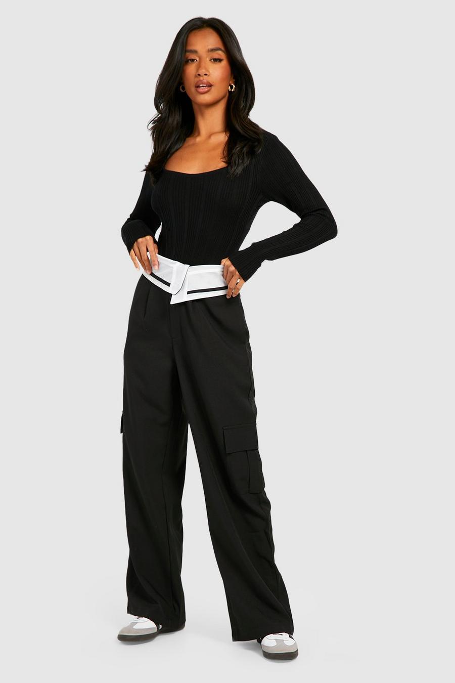 Black Petite Foldover Waistband Tailored Trousers image number 1