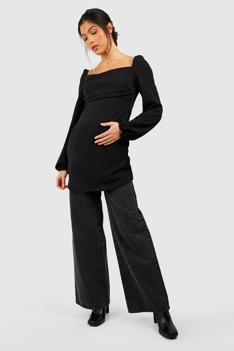 Black Maternity Drape Detail Blouson Sleeve Top