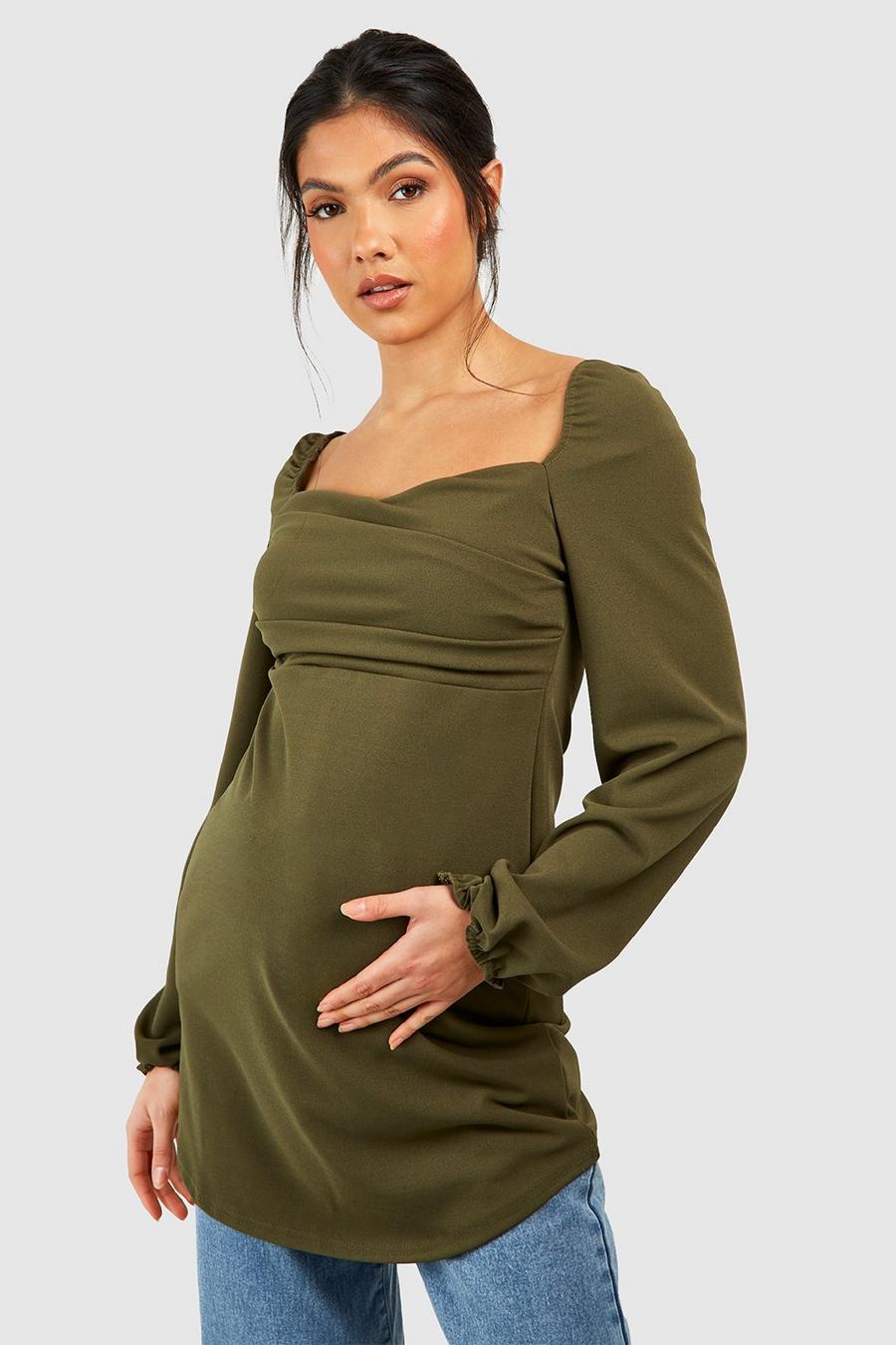 Khaki Maternity Drape Detail Blouson Sleeve Top